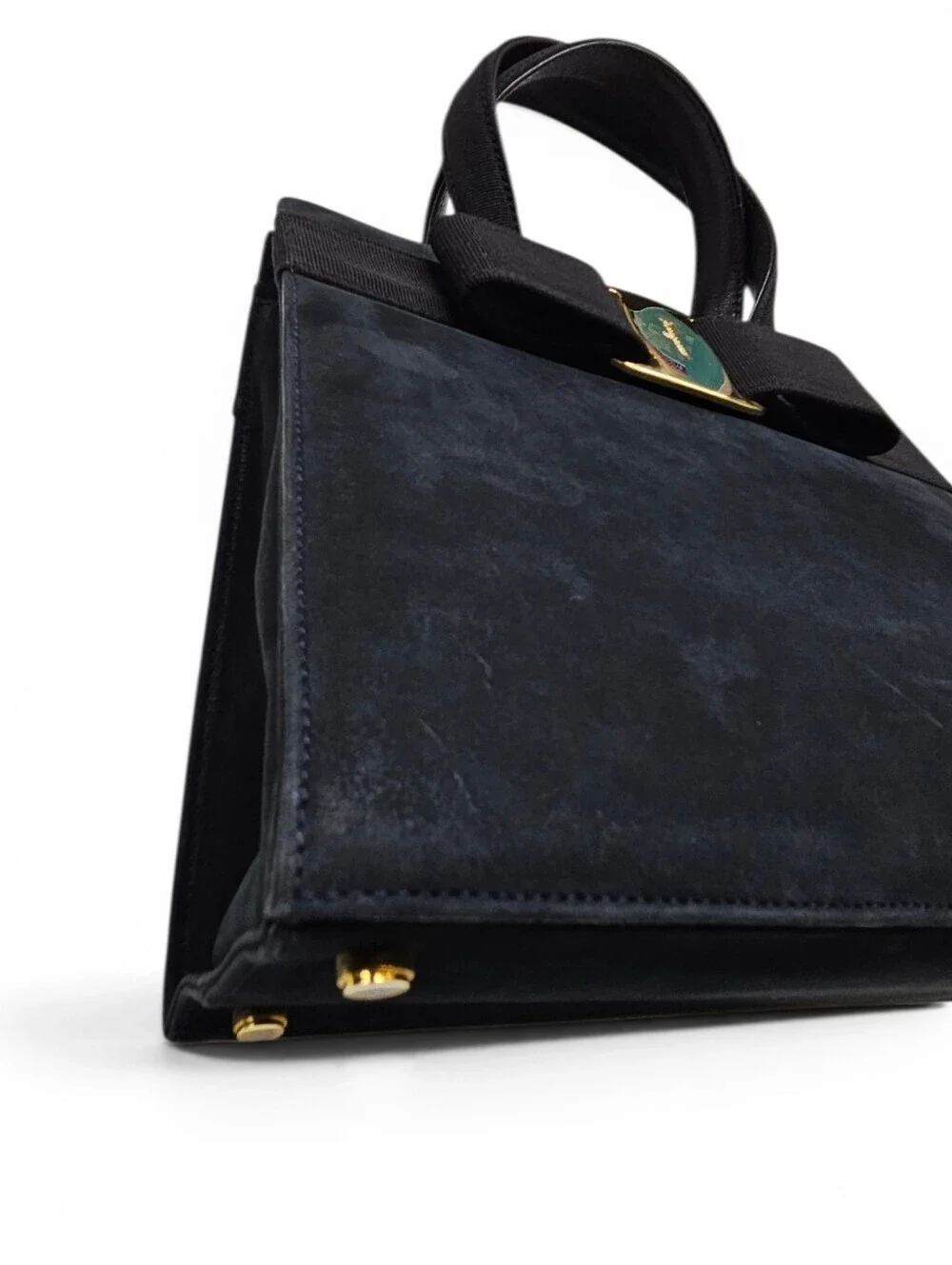 Salvatore Ferragamo Black Vara Bow Handbag In Navy Blue Suede And Gold